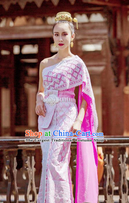 Asian Thai Folk Dance Clothing Traditional Thailand Court Princess Rosy Dress Uniforms