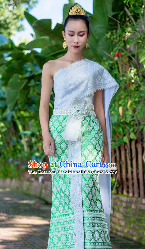 Traditional Thailand Court Princess White Blouse and Green Skirt Uniforms Asian Thai Folk Dance Dress Clothing