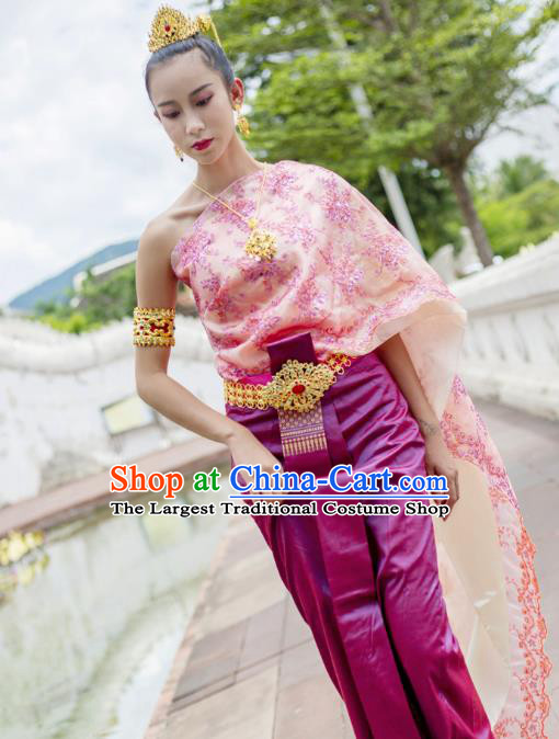 Asian Thai Folk Dance Dress Clothing Traditional Thailand Court Princess Blouse and Purple Skirt Uniforms