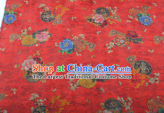 China Classical Wedding Dress Red Brocade Traditional Peony Pattern Gambiered Guangdong Gauze Silk Fabric