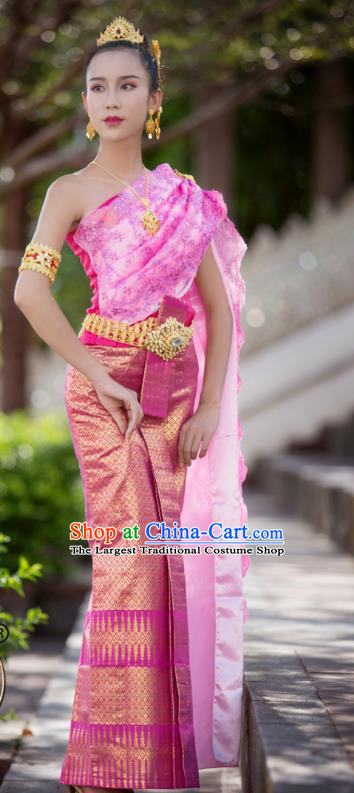 Asian Thai Princess Consort Dress Clothing Traditional Thailand Performance Blouse and Rosy Brocade Skirt Uniforms
