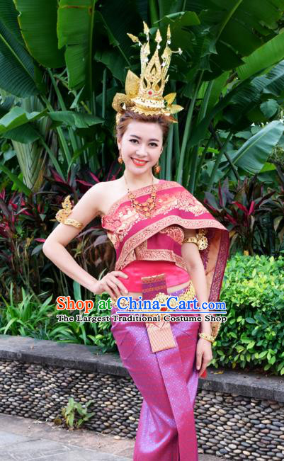 Asian Thai Court Princess Dress Clothing Traditional Thailand Performance Wine Red Blouse and Purple Skirt Uniforms