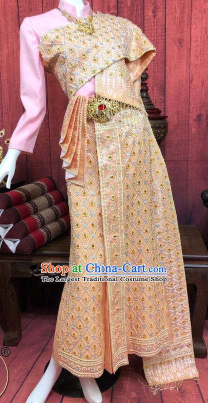 Asian Thai Princess Dress Clothing Traditional Thailand Court Consort Pink Blouse and Embroidery Golden Skirt Uniforms