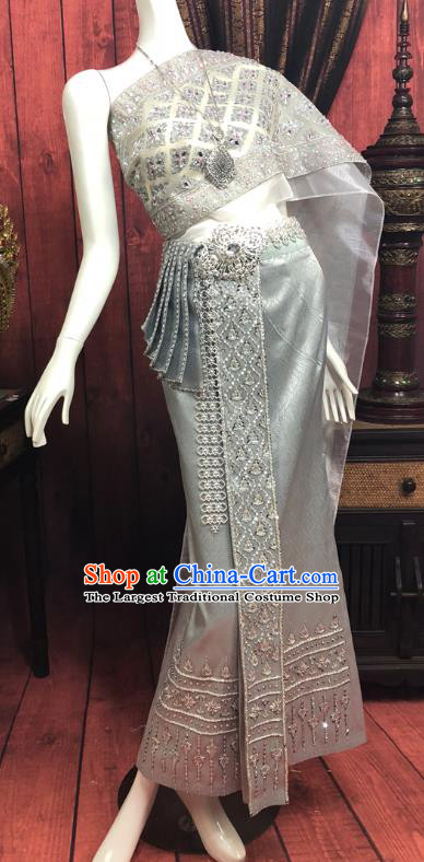 Asian Thai Palace Woman Dress Clothing Traditional Thailand Court Consort Top and Grey Skirt Uniforms