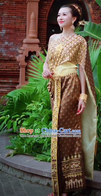 Asian Thai Court Woman Dress Clothing Traditional Thailand Imperial Concubine Wedding Top and Brown Skirt Uniforms