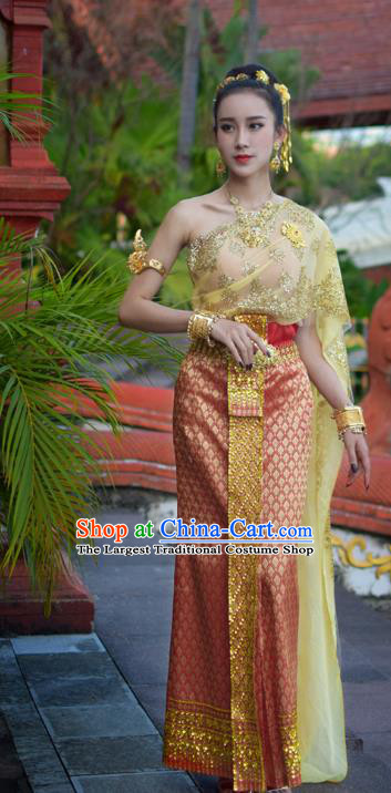 Asian Thai Imperial Concubine Dress Clothing Traditional Thailand Wedding Top and Red Skirt Uniforms