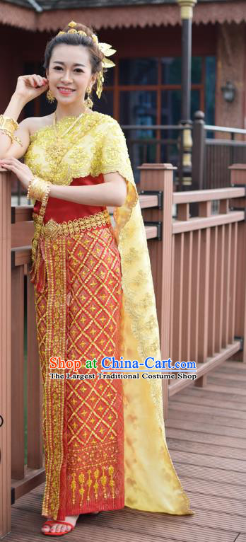 Asian Thai Wedding Imperial Concubine Dress Clothing Traditional Thailand Bride Red Top and Skirt Uniforms