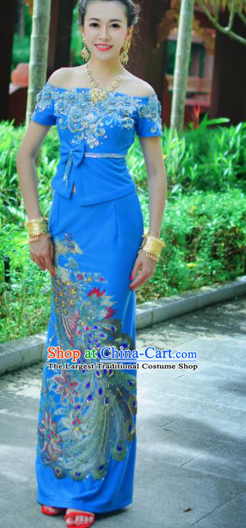Asian Thai Bride Uniforms Dress Clothing Traditional Thailand Embroidery Sequins Blue Blouse and Skirt
