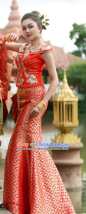 Asian Thai Bride Dress Clothing Wedding Uniforms Traditional Thailand Embroidery Sequins Red Blouse and Trailing Skirt