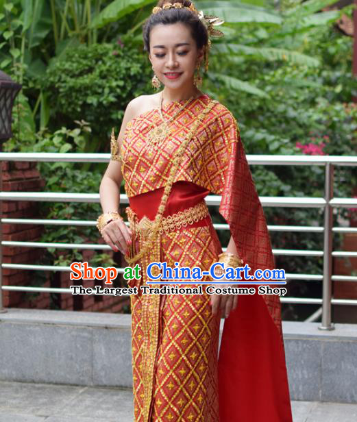 Asian Thai Wedding Uniforms Traditional Thailand Red Blouse and Skirt Bride Dress Clothing