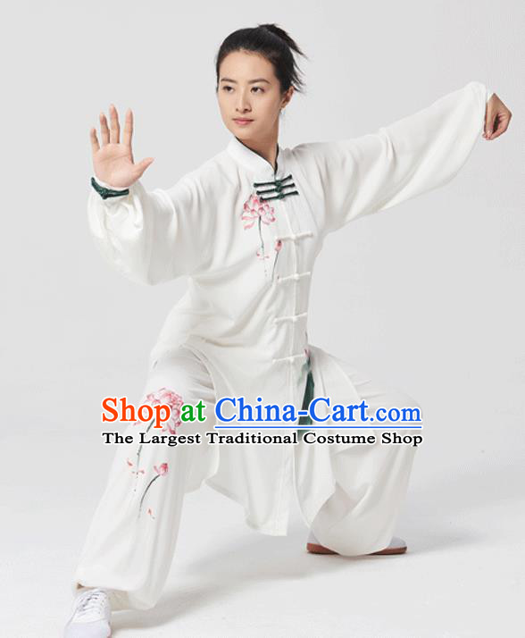 China Tai Chi Painting Lotus Costumes Traditional Kung Fu White Flax Uniforms