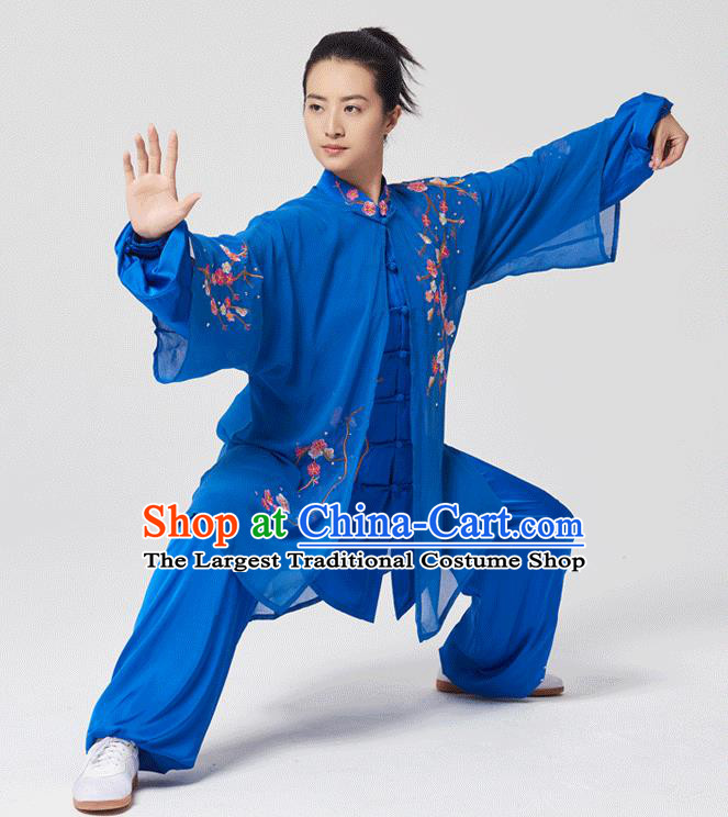 China Tai Chi Three Pieces Costumes Traditional Kung Fu Embroidered Royalblue Uniforms