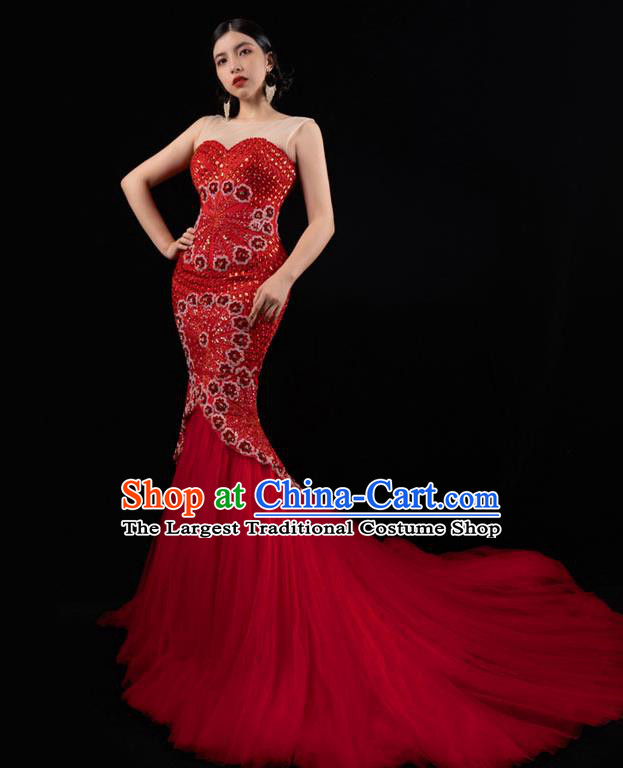 Top Grade Stage Performance Costume Beading Embroidery Full Dress Modern Dance Red Veil Trailing Dress