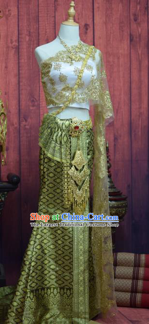 Asian Thai Wedding Uniforms Blouse and Green Skirt Traditional Thailand Bride Dress Clothing