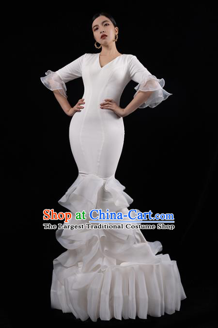 Top Grade Fishtail Dress Catwalks White Veil Dress Stage Performance Costume