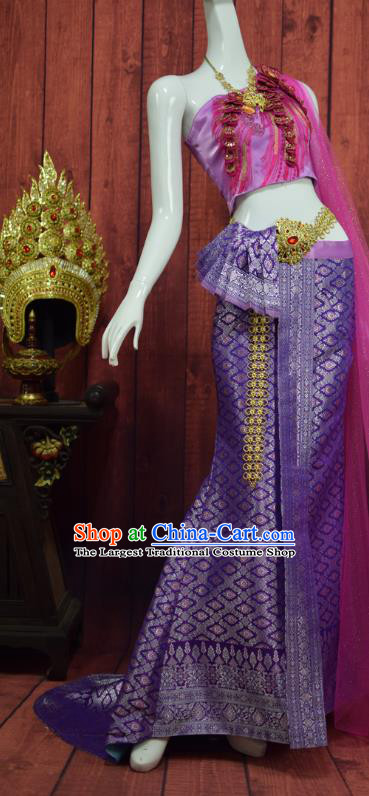 Asian Thai Rosy Blouse and Purple Trailing Skirt Traditional Thailand Court Dress Clothing Wedding Bride Uniforms