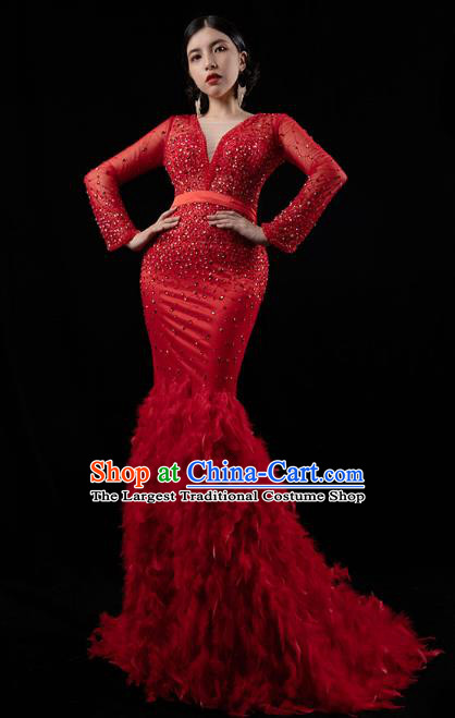 Top Grade Catwalks Red Feather Trailing Dress Compere Stage Performance Dress Costume