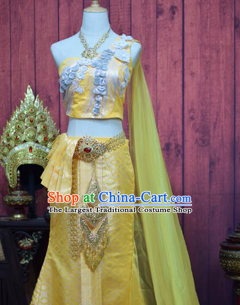 Traditional Thailand Embroidery Blouse and Yellow Skirt Court Dress Clothing Asian Thai Wedding Bride Uniforms