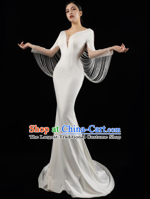 Top Grade Catwalks White Satin Fishtail Dress Stage Performance Costume Annual Meeting Compere Beads Tassel Full Dress