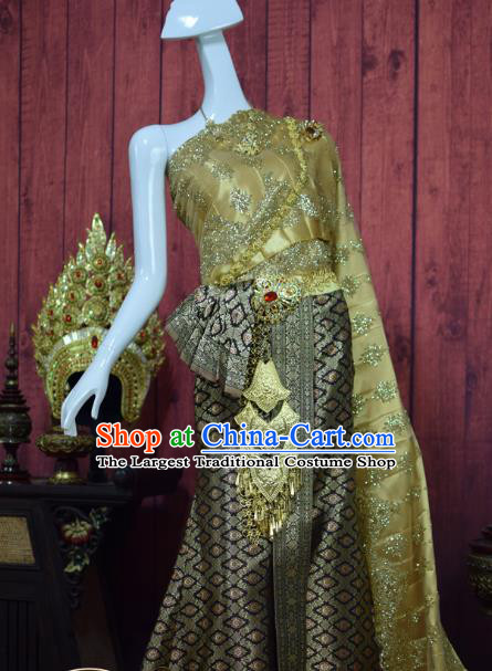 Asian Thai Wedding Bride Uniforms Traditional Thailand Embroidery Golden Blouse and Grey Skirt Court Dress Clothing