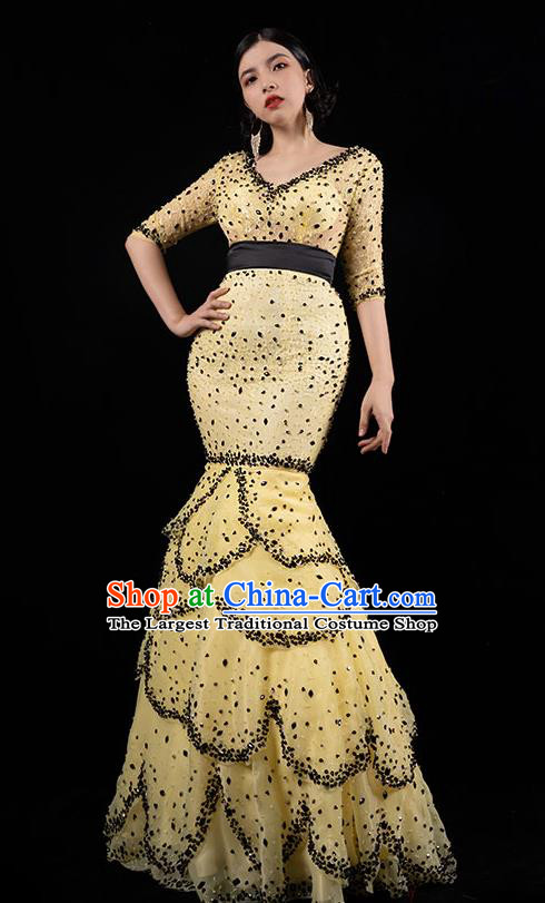 Top Grade Annual Meeting Compere Layered Full Dress Stage Performance Costume Catwalks Yellow Fishtail Dress