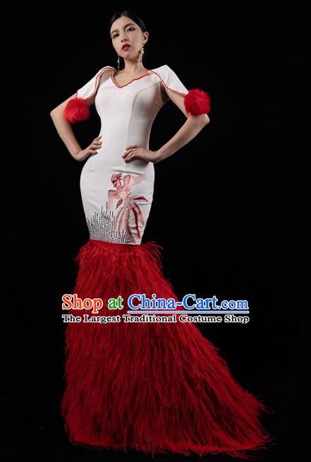 Top Grade Catwalks Red Feather Fishtail Dress Annual Meeting Compere Full Dress Stage Show Clothing