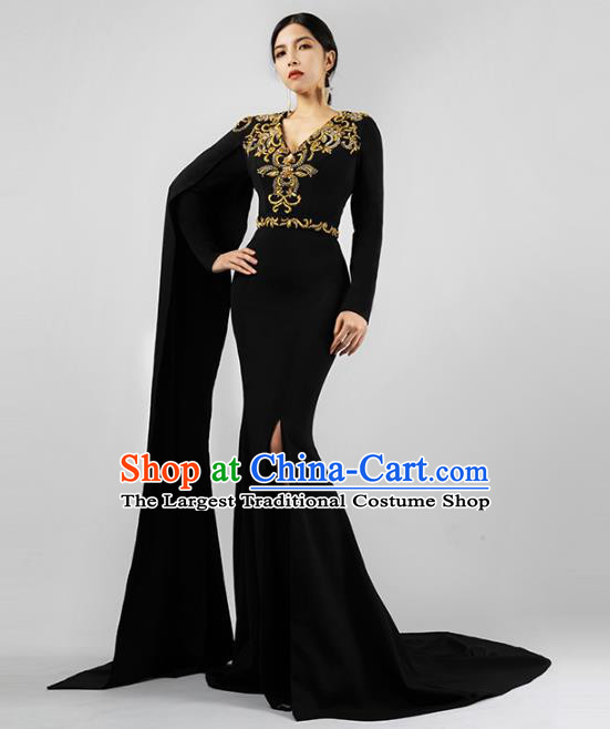 Top Grade Catwalks Embroidered Black Slim Dress Stage Show Compere Clothing Annual Meeting Trailing Full Dress