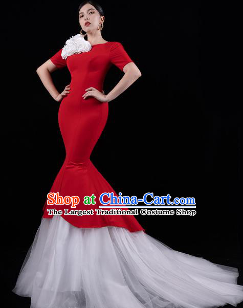 Top Grade Stage Show Compere Clothing Annual Meeting Red Full Dress Catwalks White Veil Trailing Dress