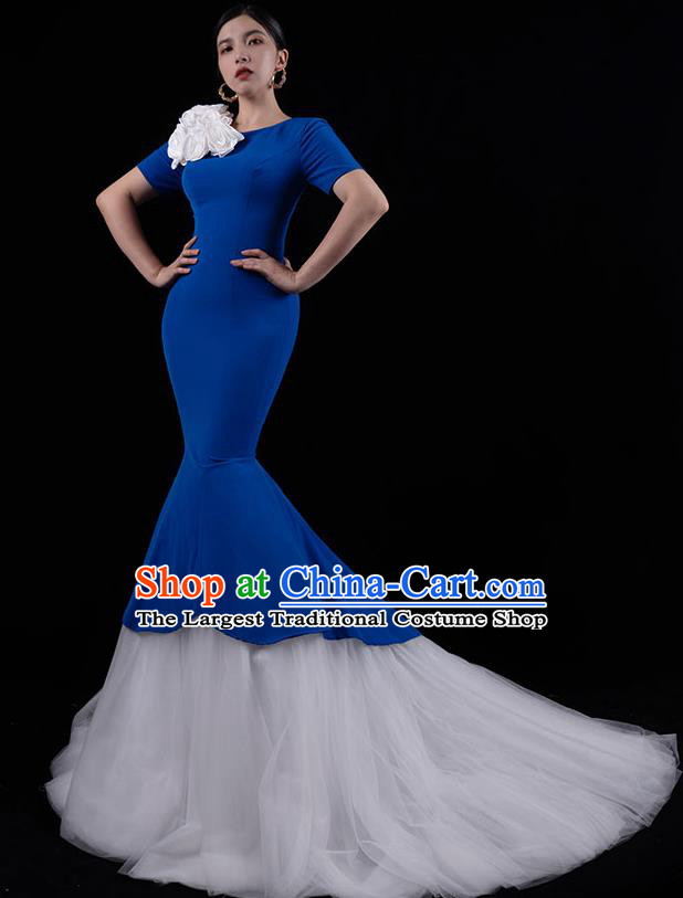 Top Grade Catwalks White Veil Trailing Dress Stage Show Compere Clothing Annual Meeting Royalblue Full Dress