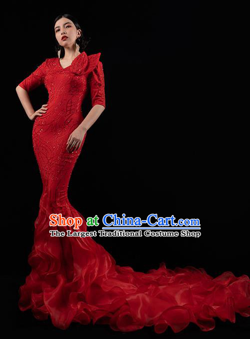 Top Grade Catwalks Red Trailing Dress Stage Performance Costume Annual Meeting Compere Fishtail Full Dress