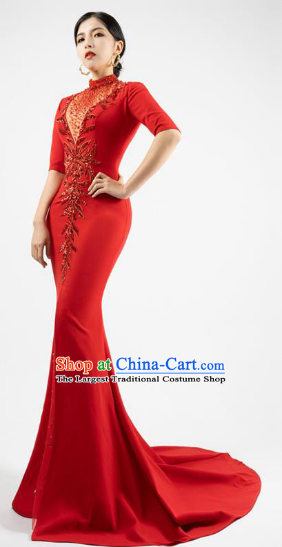 Top Grade Catwalks Embroidery Beads Trailing Dress Stage Show Clothing Annual Meeting Red Full Dress