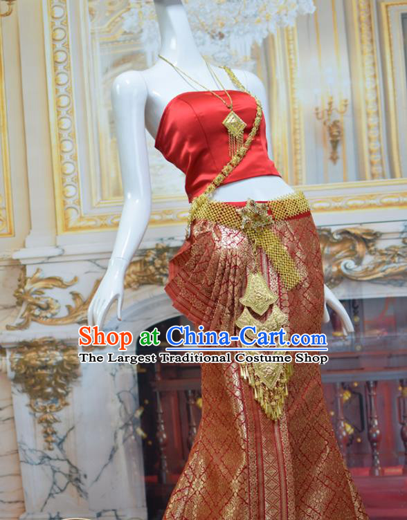 Traditional Thailand Court Bride Dress Clothing Asian Thai Wedding Uniforms Red Top and Brocade Skirt