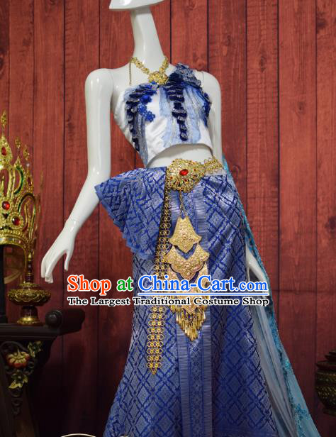 Traditional Thailand Embroidery Top and Royalblue Brocade Skirt Dress Clothing Asian Thai Court Concubine Uniforms