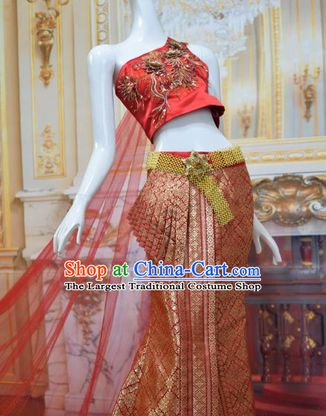 Asian Thai Court Concubine Uniforms Thailand Embroidery Red Top and Brocade Skirt Traditional Dress Clothing