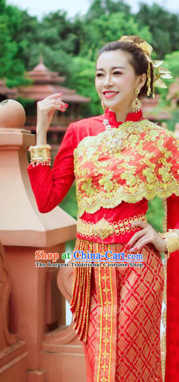 Asian Thai Dress Clothing Wedding Uniforms Traditional Thailand Red Blouse and Brocade Skirt