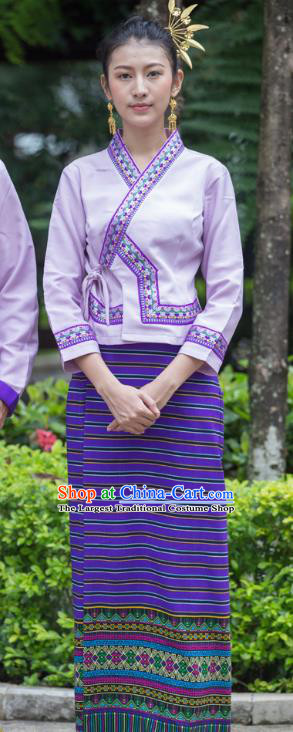 China Yunnan Ethnic Folk Dance Lilac Blouse and Purple Skirt Uniforms Dai Nationality Performance Clothing