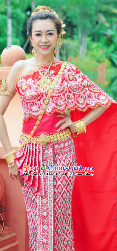 Traditional Thailand Embroidery Blouse and Pink Skirt Asian Thai Dress Clothing Wedding Uniforms