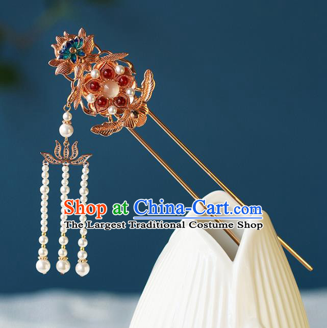 China Traditional Ming Dynasty Court Woman Hairpin Ancient Empress Pearls Tassel Hair Stick