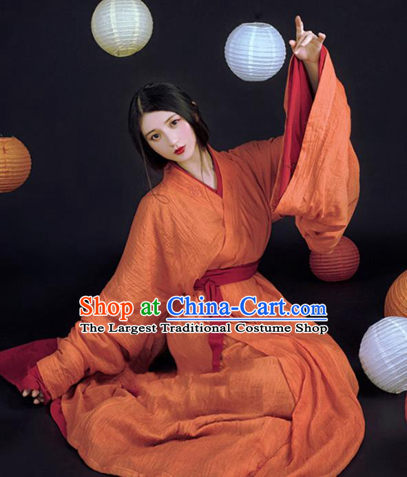 China Ancient Court Beauty Orange Hanfu Dress Traditional Jin Dynasty Palace Princess Historical Clothing