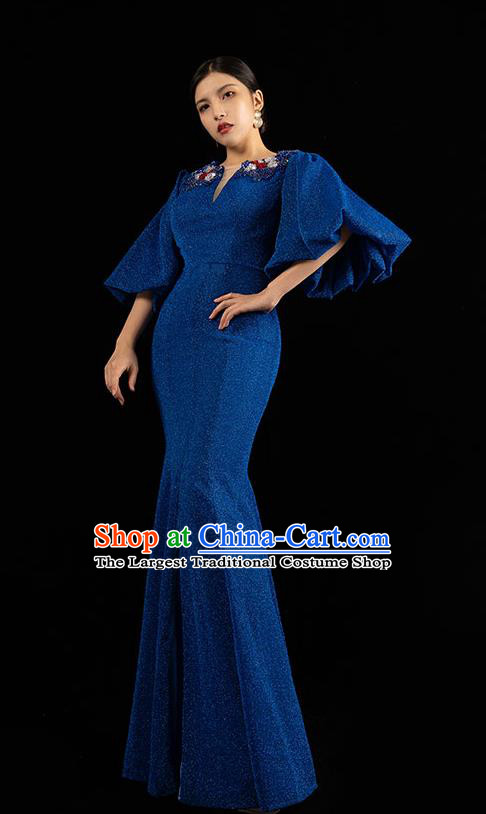 Top Grade Stage Show Clothing Annual Meeting Embroidery Beads Full Dress Catwalks Royalblue Fishtail Dress