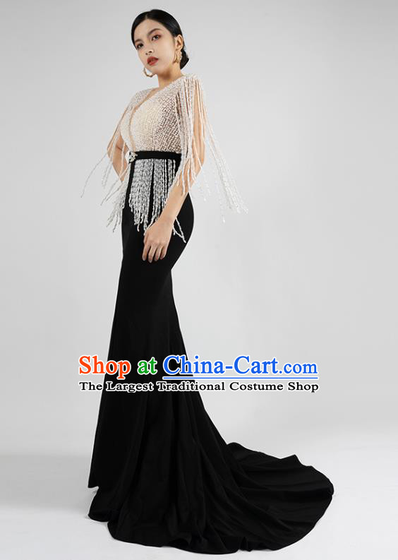 Top Grade Catwalks Compere Black Trailing Dress Stage Show Beads Tassel Full Dress Annual Meeting Clothing