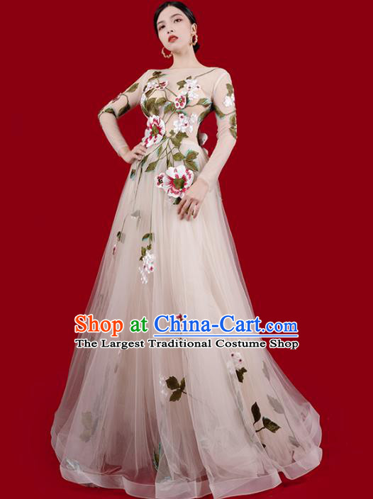 Top Grade Stage Show Beige Veil Full Dress Annual Meeting Clothing Catwalks Compere Embroidered Flowers Dress