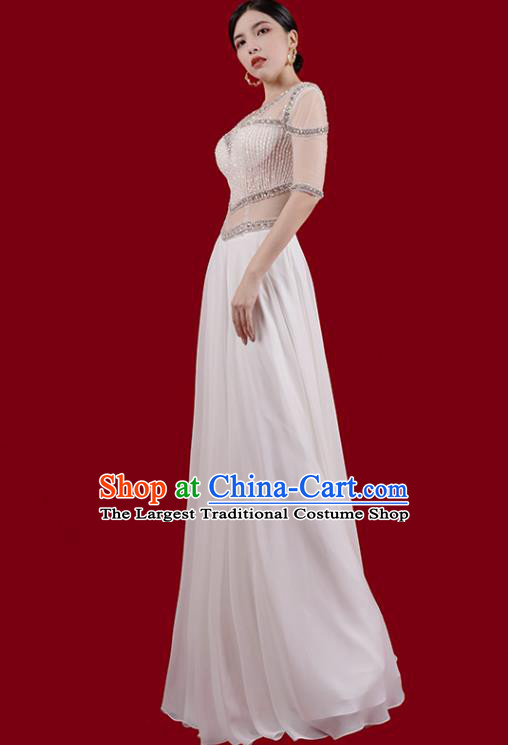 Top Grade Catwalks Embroidered Beads Full Dress Stage Show White Slim Dress Annual Meeting Clothing