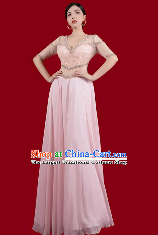 Top Grade Stage Show Pink Slim Dress Annual Meeting Clothing Catwalks Embroidered Beads Full Dress