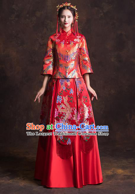 China Classical Xiuhe Suits Red Brocade Blouse and Dress Traditional Wedding Bride Costumes