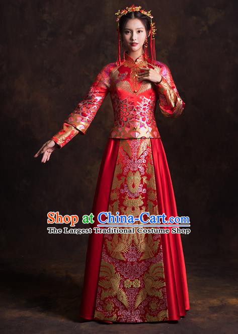 China Traditional Wedding Bride Costumes Classical Xiuhe Suits Red Brocade Mandarin Jacket and Dress