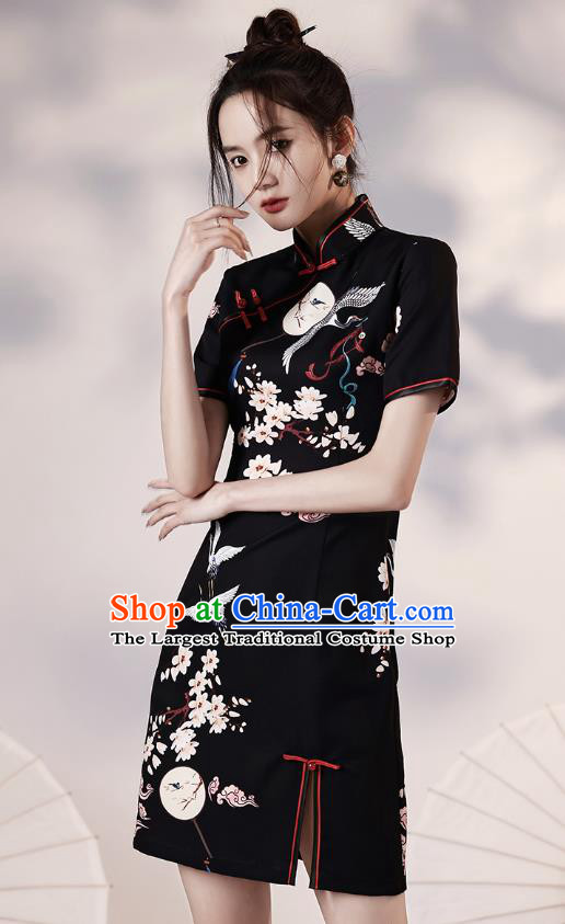 Chinese Classical Printing Cranes Black Short Qipao Dress Traditional Young Lady Modern Cheongsam Clothing