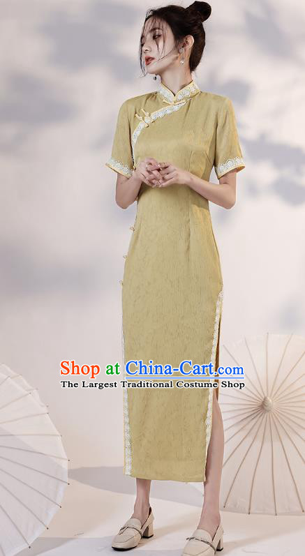 China Traditional Young Lady Yellow Qipao Dress National Modern Dance Lace Cheongsam