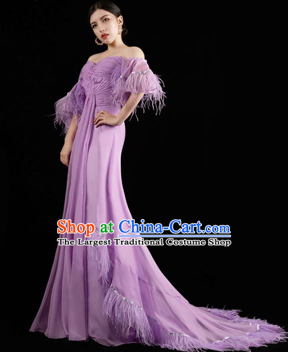 Top Grade Compere Violet Full Dress Catwalk Performance Clothing Annual Meeting Trailing Dress