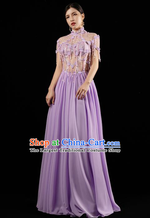 Top Grade Catwalk Dress Annual Meeting Performance Clothing Compere Lilac Beads Tassel Full Dress